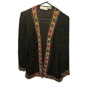 Vtg Laurence Kazar Jacket Womens Medium Black Beaded Silk Top Colorful Cocktail
